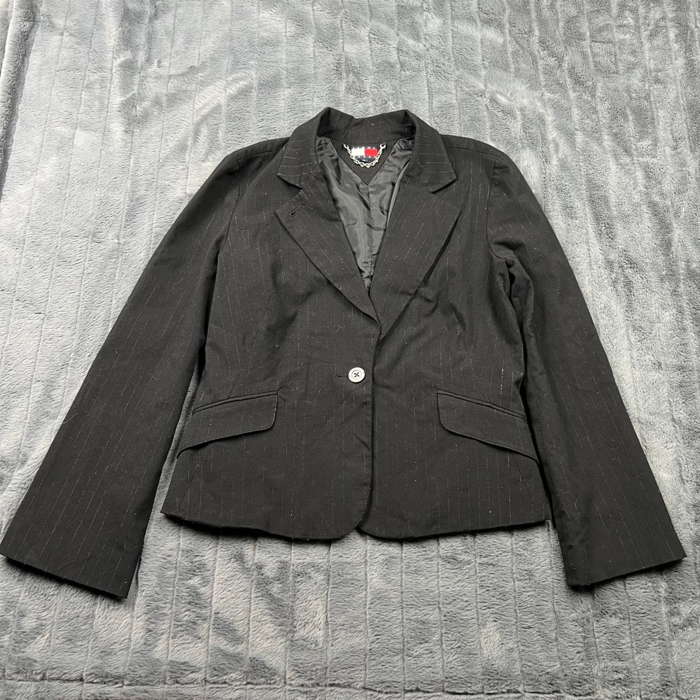 Tommy Jeans Womens XL Black Pinstripe Single Button Blazer Metallic Jacket